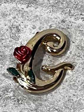 Vintage Razza Letter G Rose Brooch Gold Tone Signed